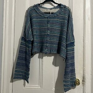 Free People Blue Gray Striped Catalina Crochet Yarn Cropped Pullover Top Large